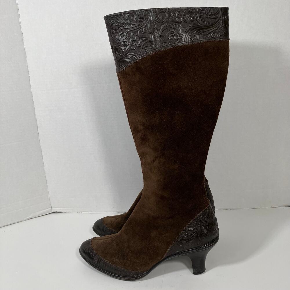 Söfft S 7.5 Brown Tooled Leather Floral Victorian Steampunk Tall Boots Feminine